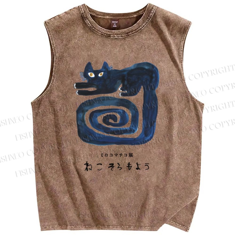 Unisex Art Cat Printed Washed Tank Top