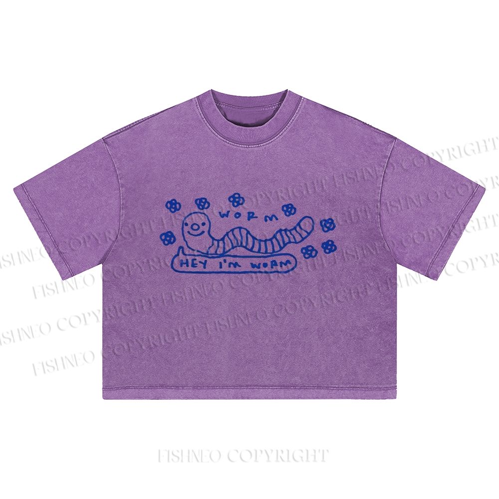 Worm Printed Washed Cropped T-Shirt