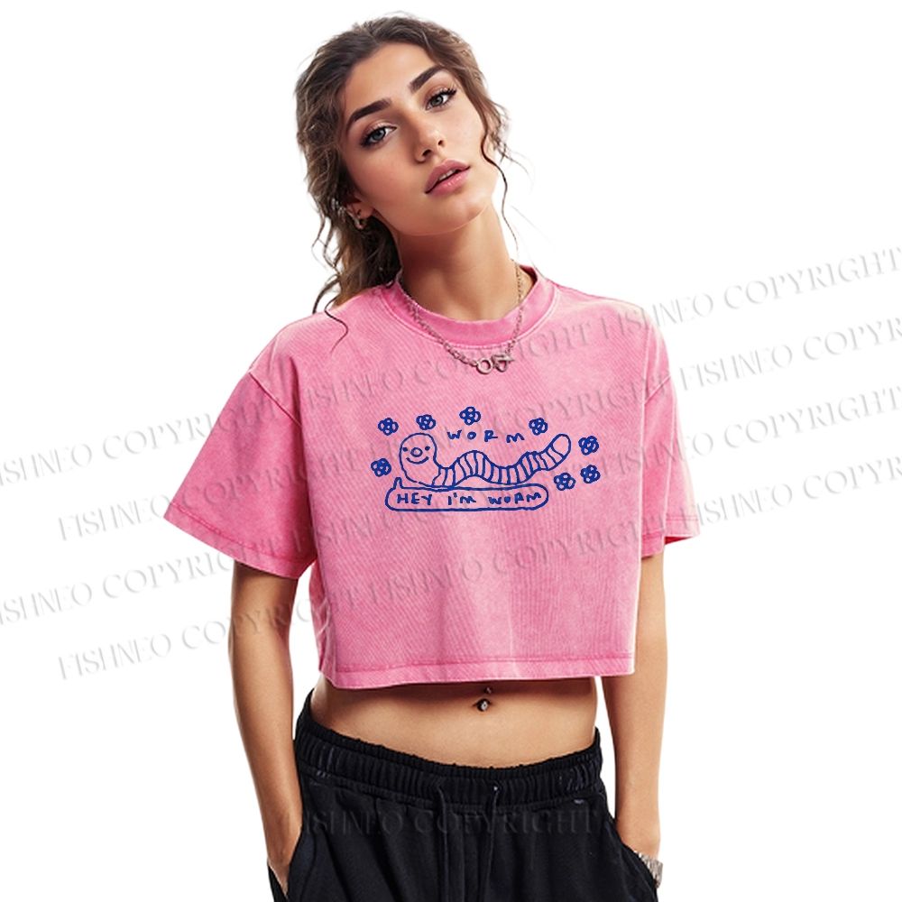 Worm Printed Washed Cropped T-Shirt