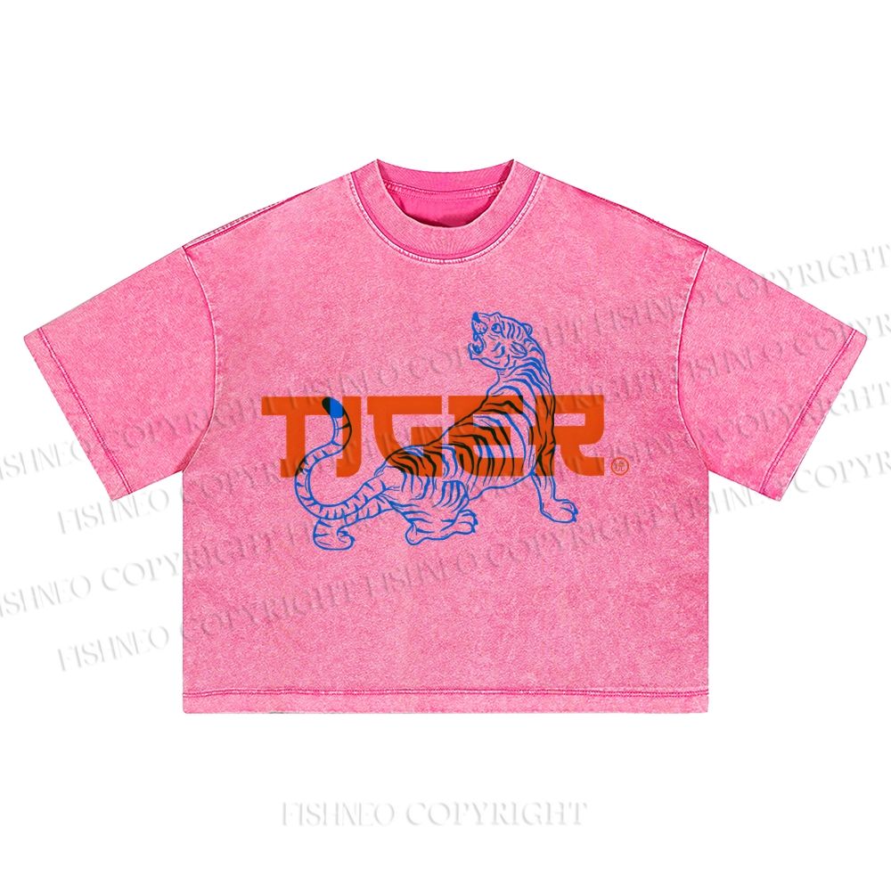Tiger Printed Washed Cropped T-Shirt