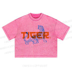Tiger Printed Washed Cropped T-Shirt