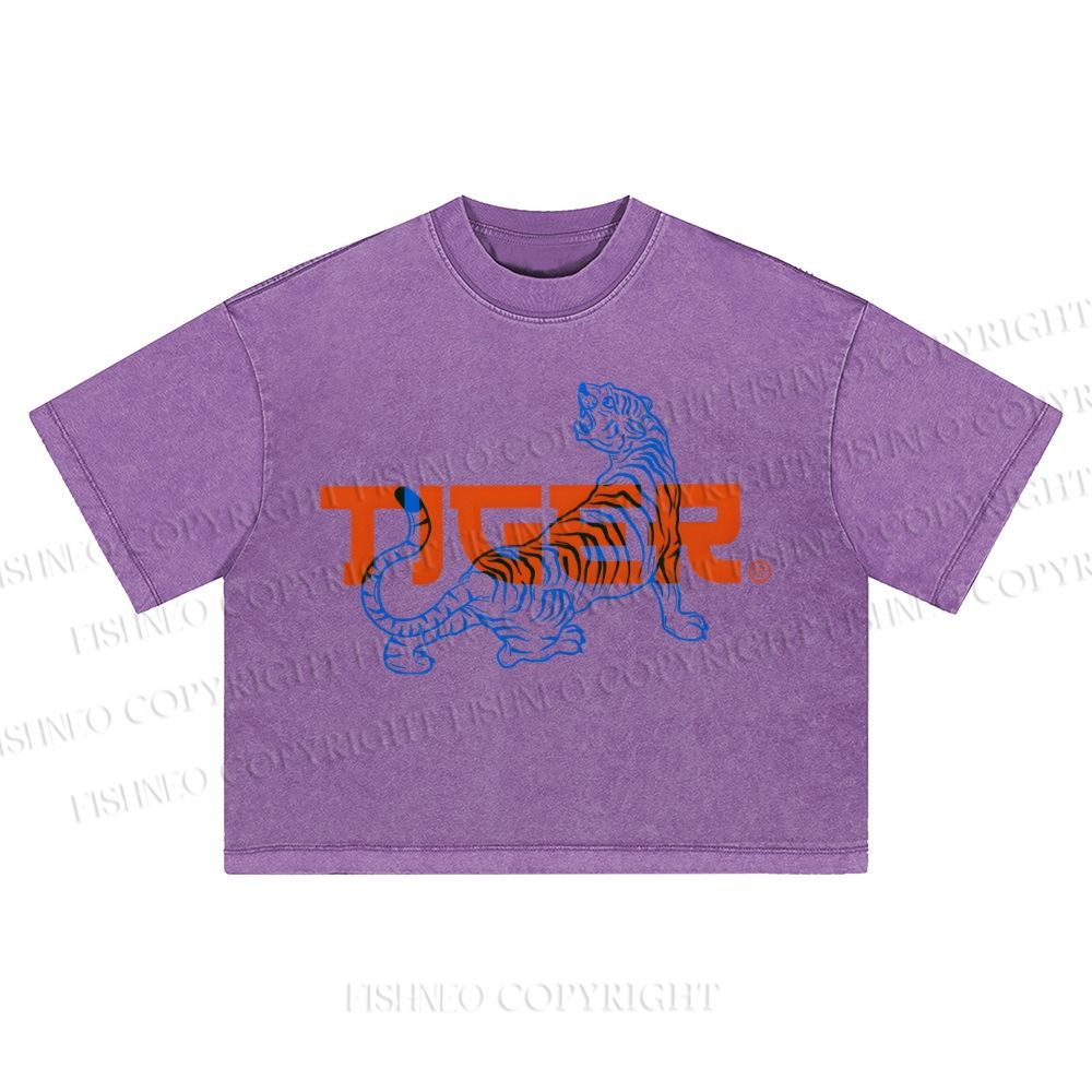 Tiger Printed Washed Cropped T-Shirt