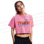 Tiger Printed Washed Cropped T-Shirt