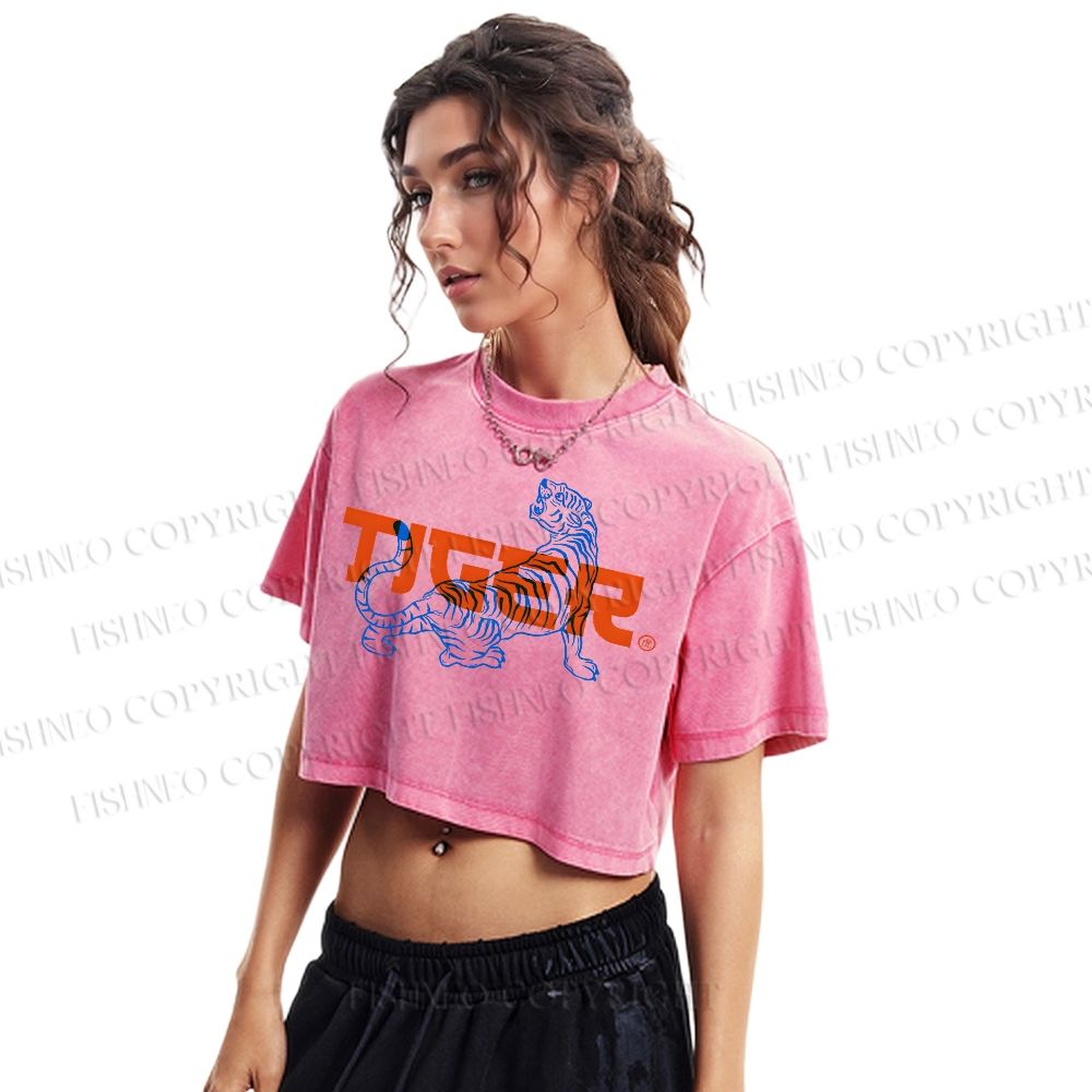 Tiger Printed Washed Cropped T-Shirt