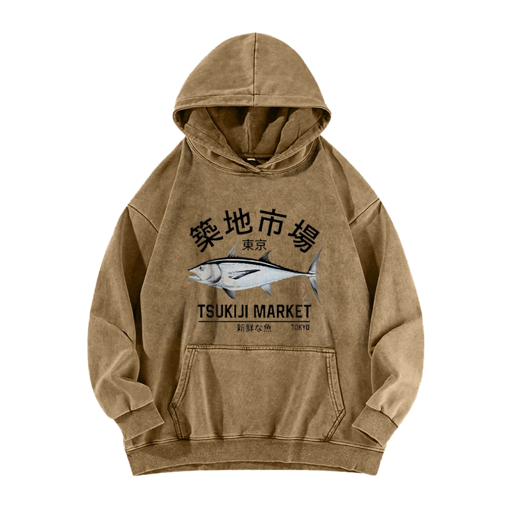 Japanese Seafood Market Salmon Vintage Distressed Hoodie