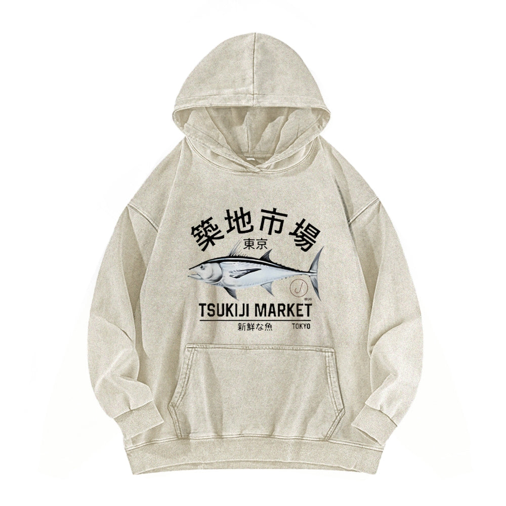 Japanese Seafood Market Salmon Vintage Distressed Hoodie