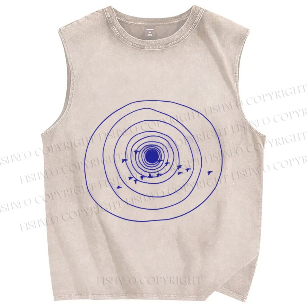 Unisex  Annual Rings Birds Printed Washed Tank Top