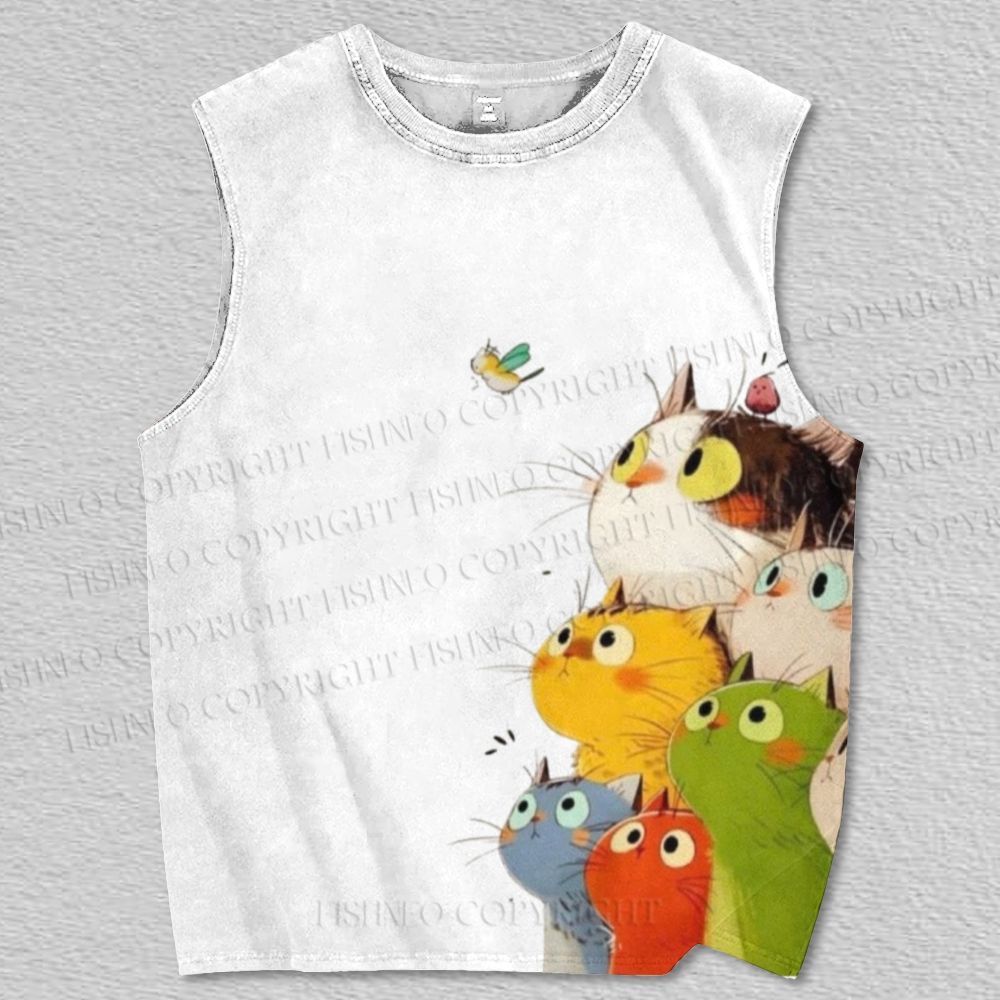Unisex Cartoon Cat Watching Bees Printed Tank Top