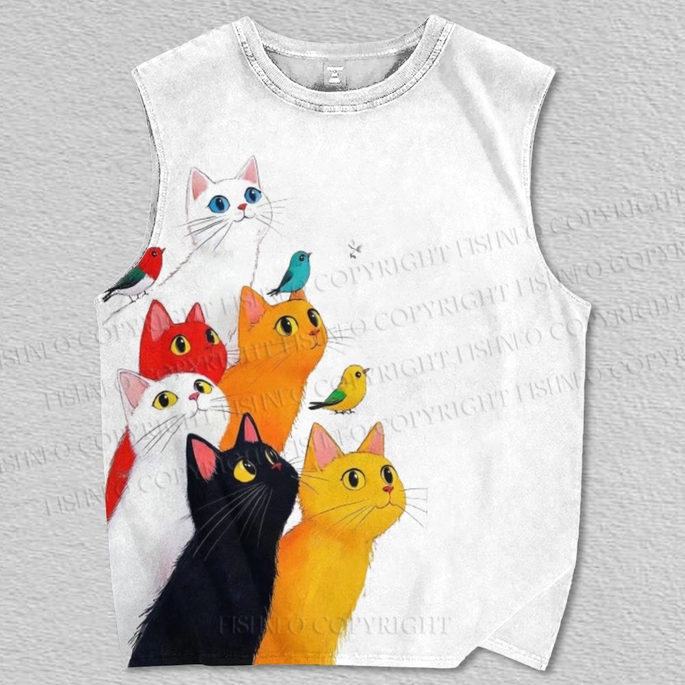 Unisex Cartoon Cat Bird Printed Tank Top