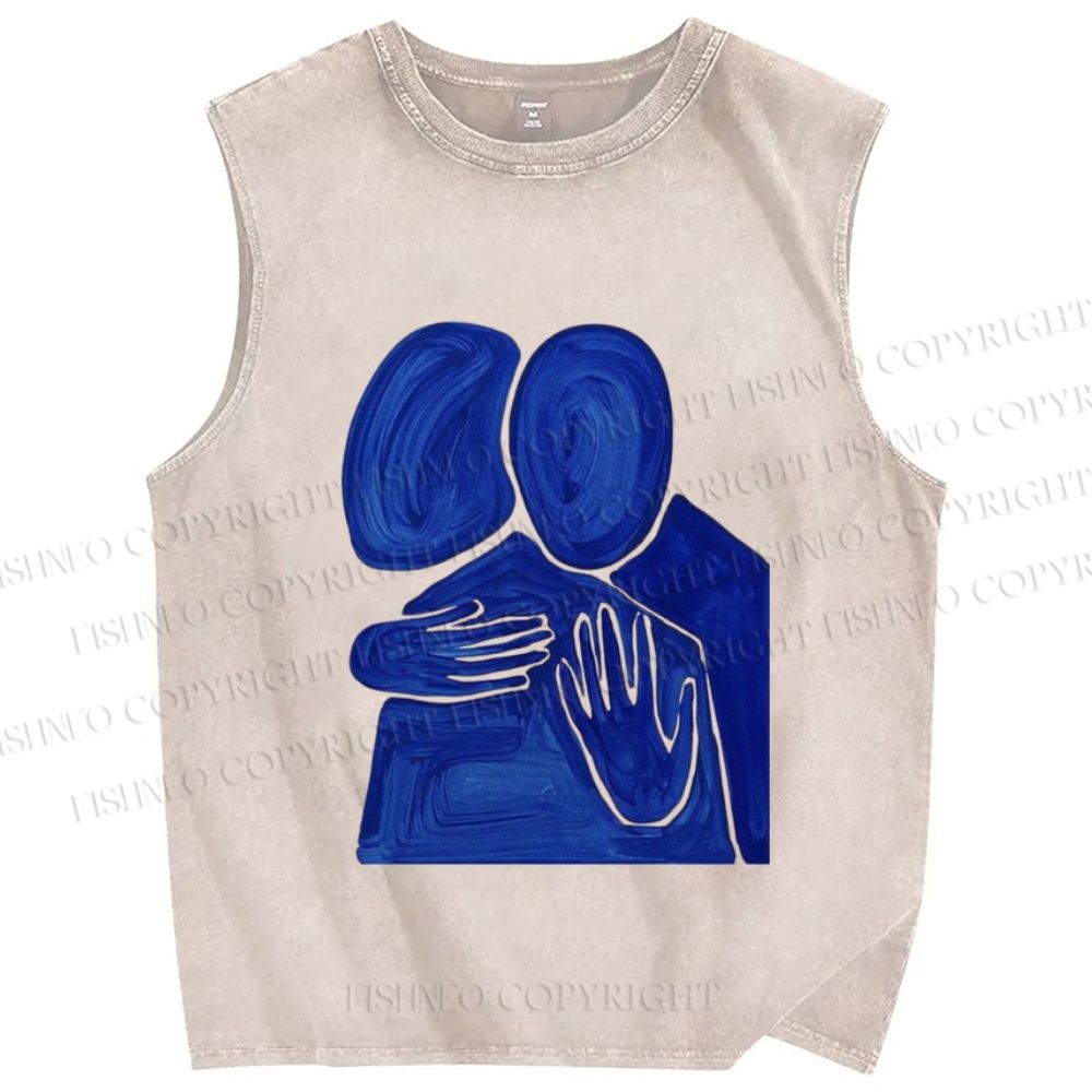 Unisex Two People Hug Printed Washed Tank Top