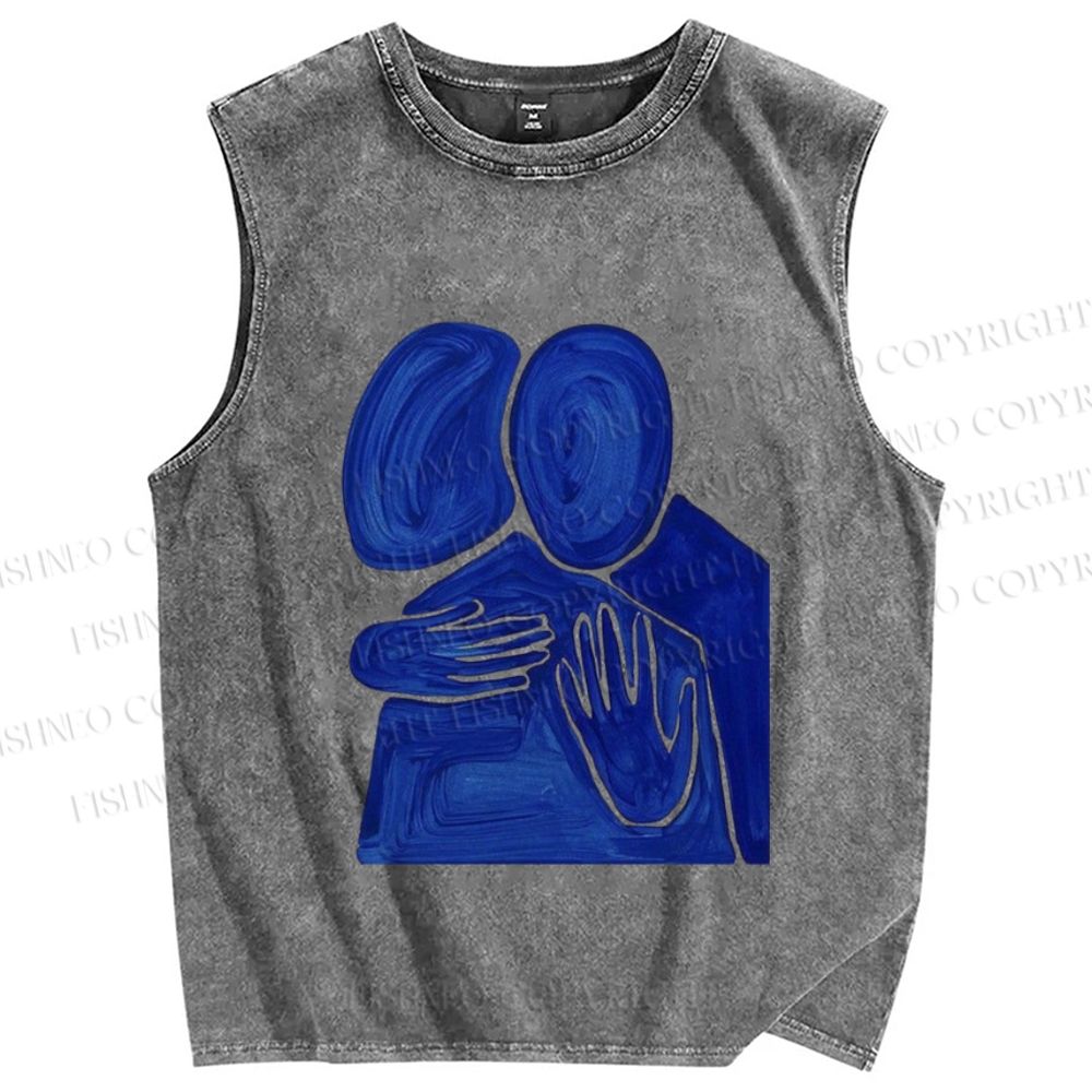 Unisex Two People Hug Printed Washed Tank Top