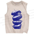 Unisex Cut Strawberry Printed Washed Tank Top