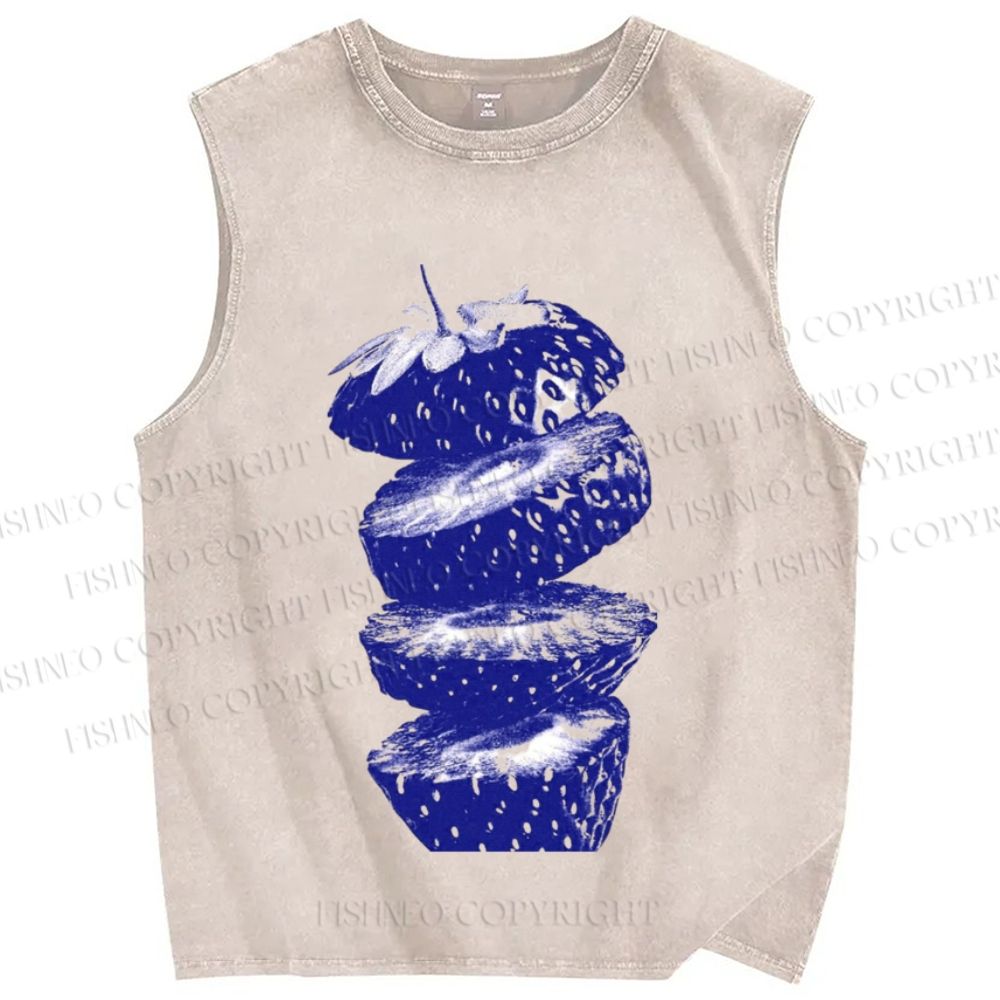 Unisex Cut Strawberry Printed Washed Tank Top