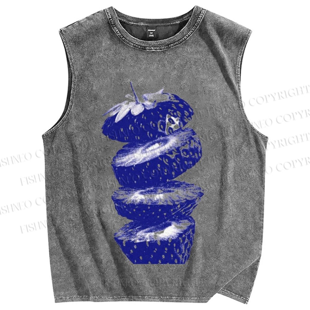 Unisex Cut Strawberry Printed Washed Tank Top