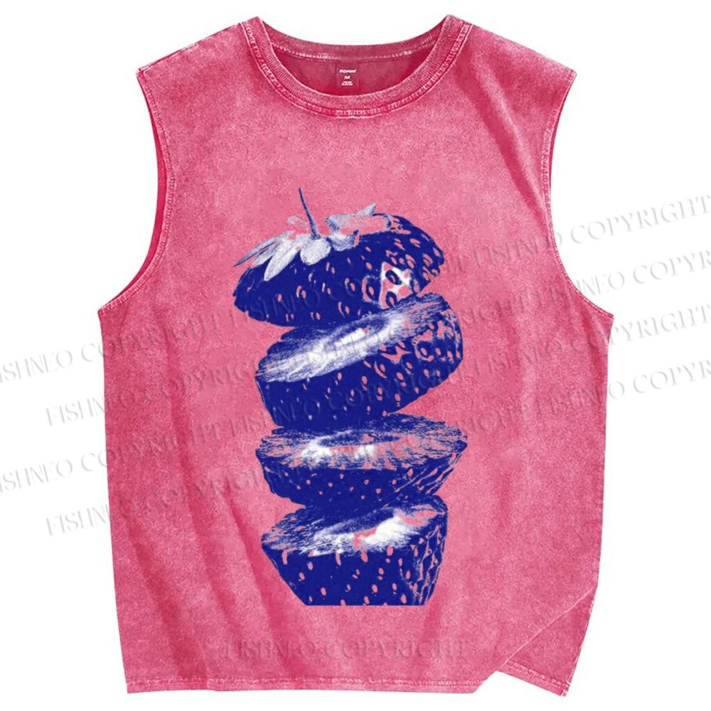 Unisex Cut Strawberry Printed Washed Tank Top