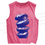 Unisex Cut Strawberry Printed Washed Tank Top