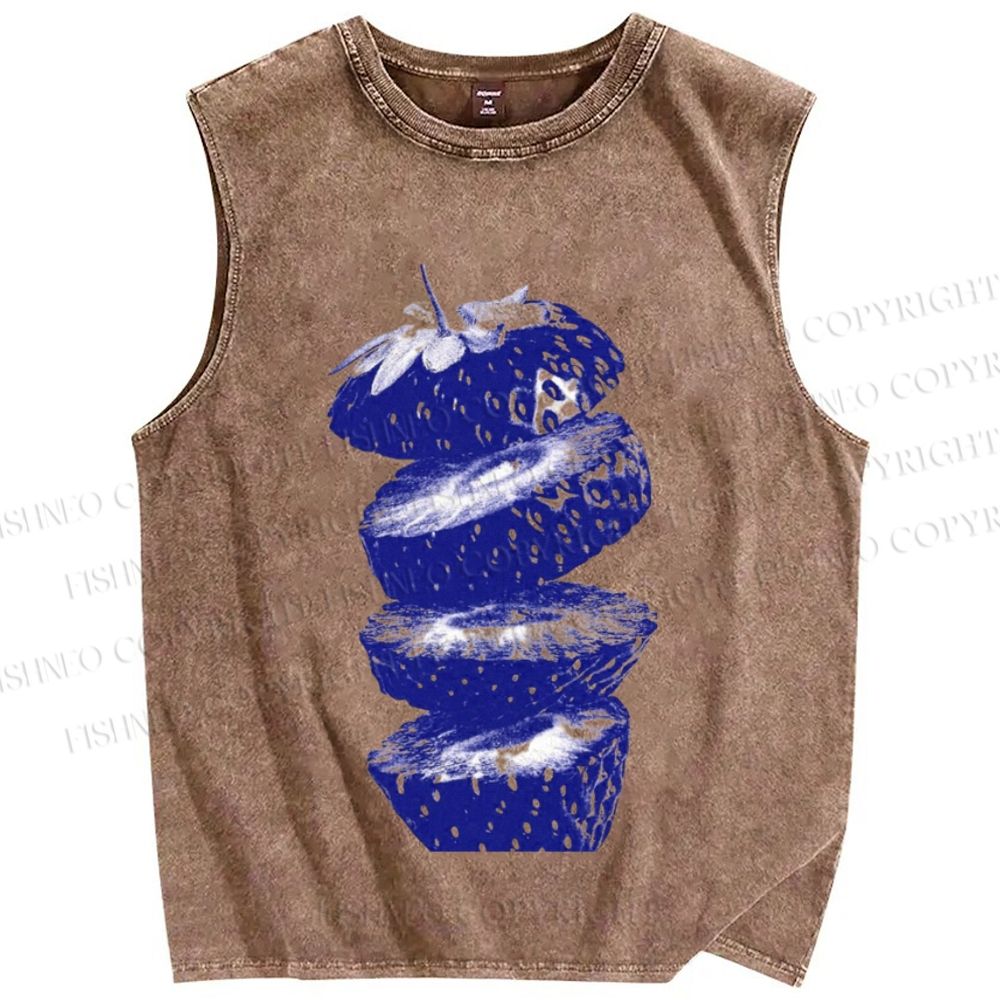 Unisex Cut Strawberry Printed Washed Tank Top