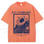 Unisex Vintage Sun Flower Printed Washed Tee
