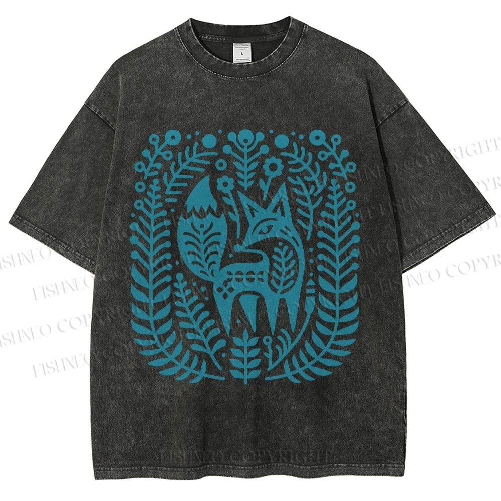 Unisex Vintage Fox Graffiti Printed Washed Tee