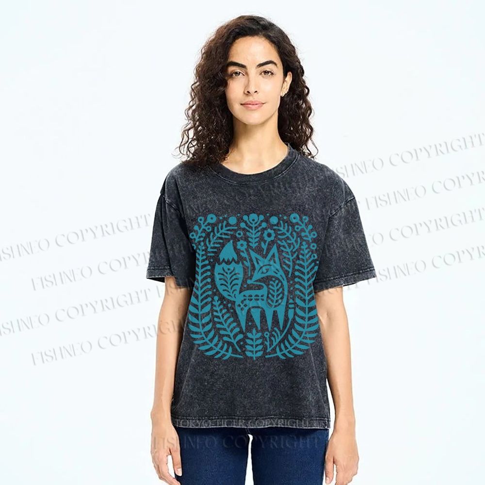 Unisex Vintage Fox Graffiti Printed Washed Tee