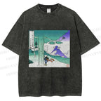 Unisex Vintage Cyber Mount Fuji Graffiti Printed Washed Tee
