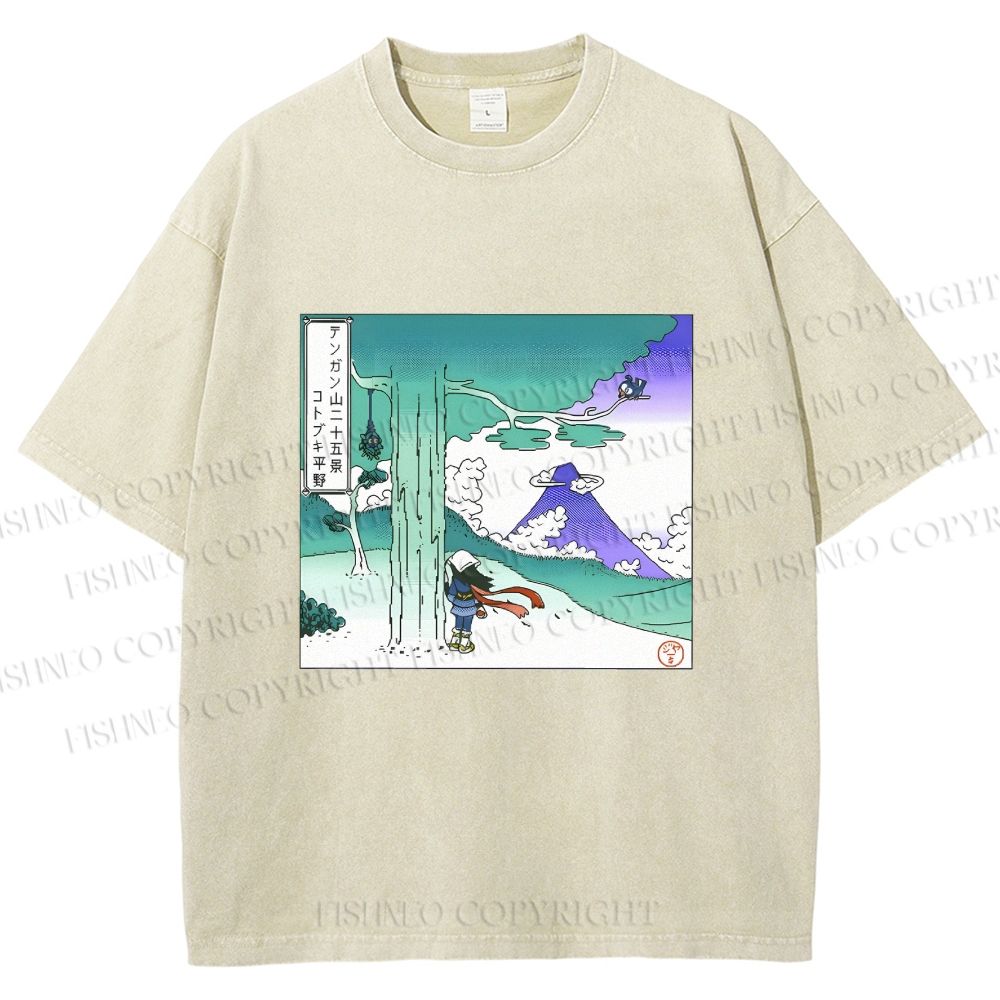 Unisex Vintage Cyber Mount Fuji Graffiti Printed Washed Tee