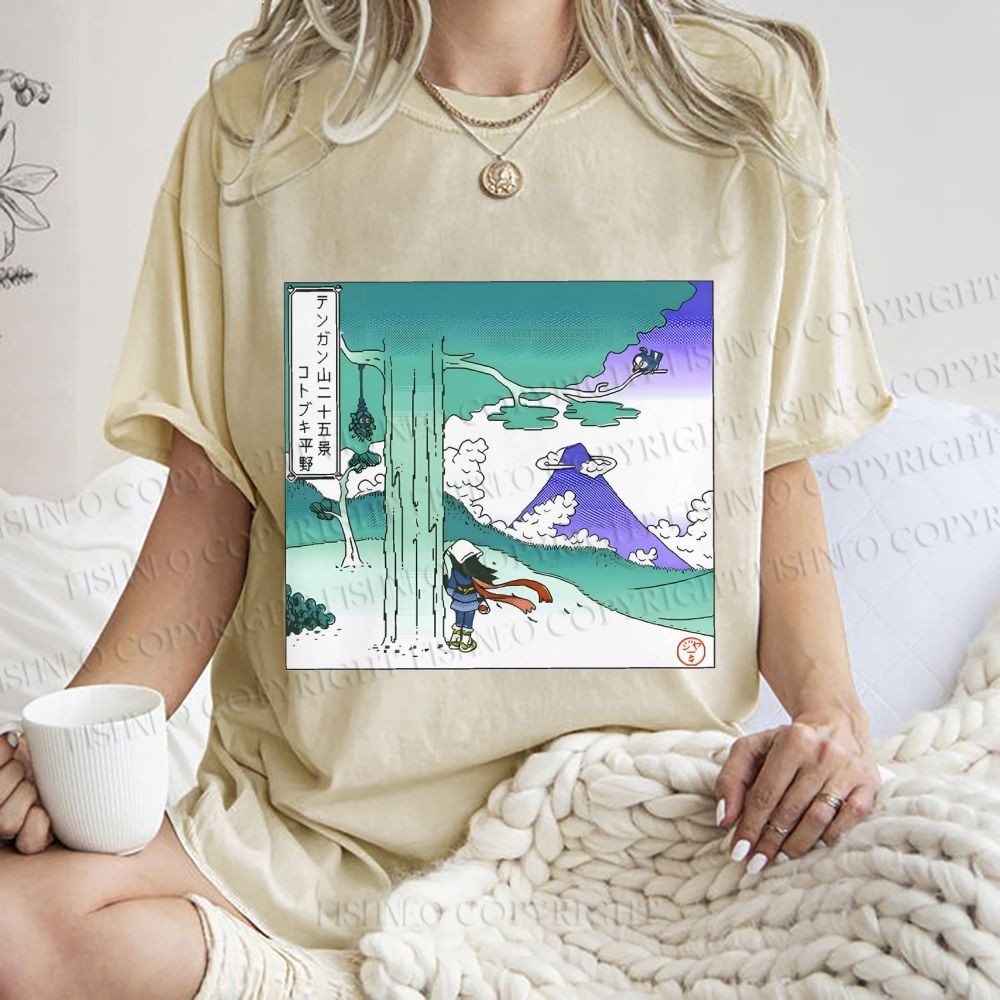 Unisex Vintage Cyber Mount Fuji Graffiti Printed Washed Tee
