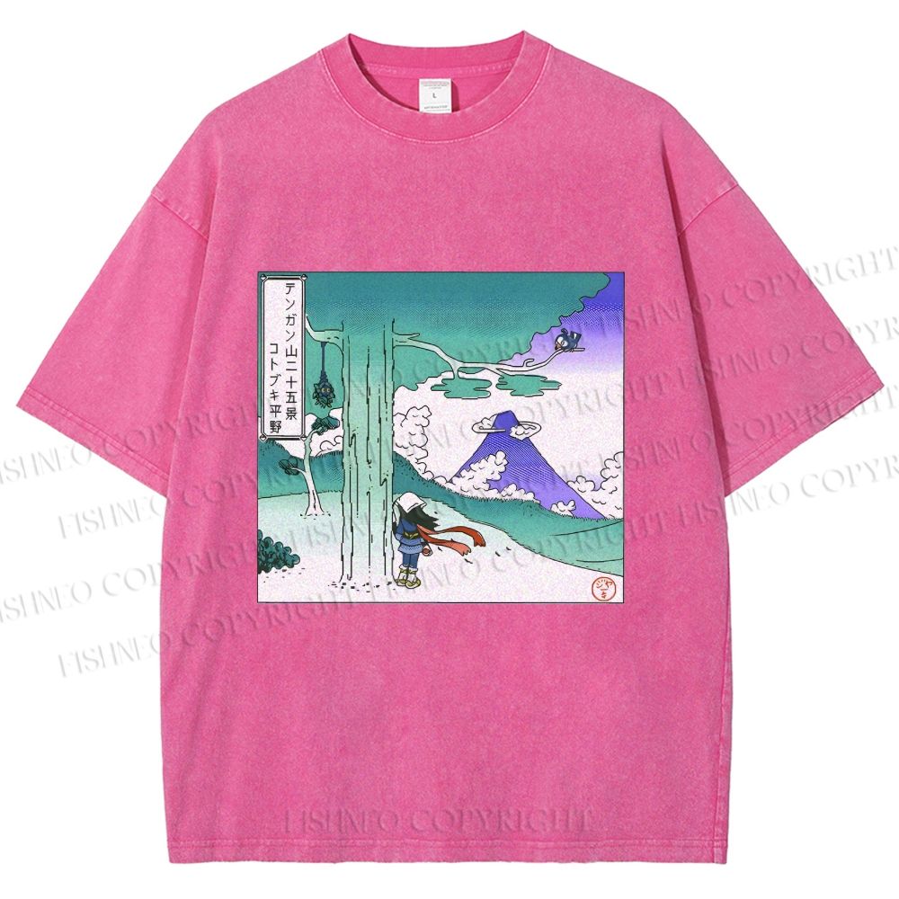 Unisex Vintage Cyber Mount Fuji Graffiti Printed Washed Tee