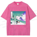 Unisex Vintage Cyber Mount Fuji Graffiti Printed Washed Tee