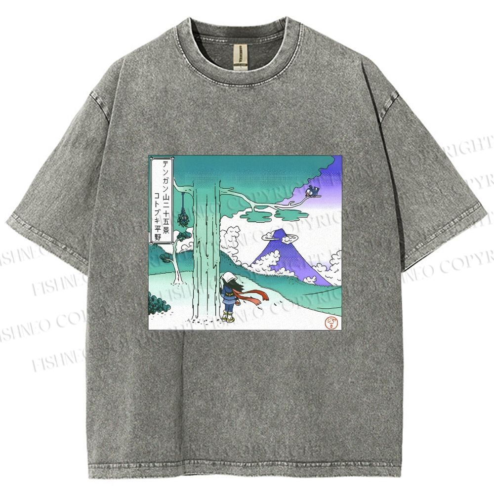 Unisex Vintage Cyber Mount Fuji Graffiti Printed Washed Tee