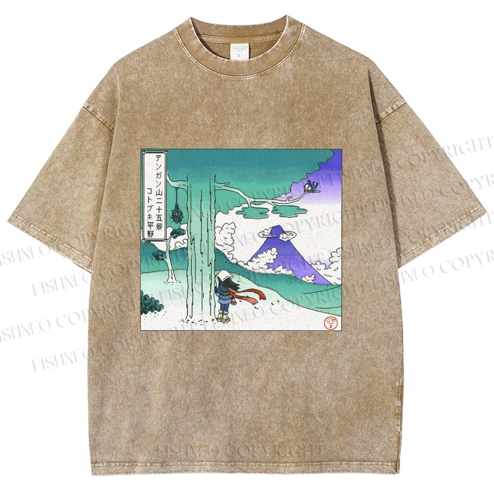 Unisex Vintage Cyber Mount Fuji Graffiti Printed Washed Tee