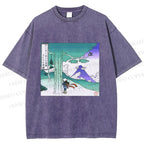Unisex Vintage Cyber Mount Fuji Graffiti Printed Washed Tee