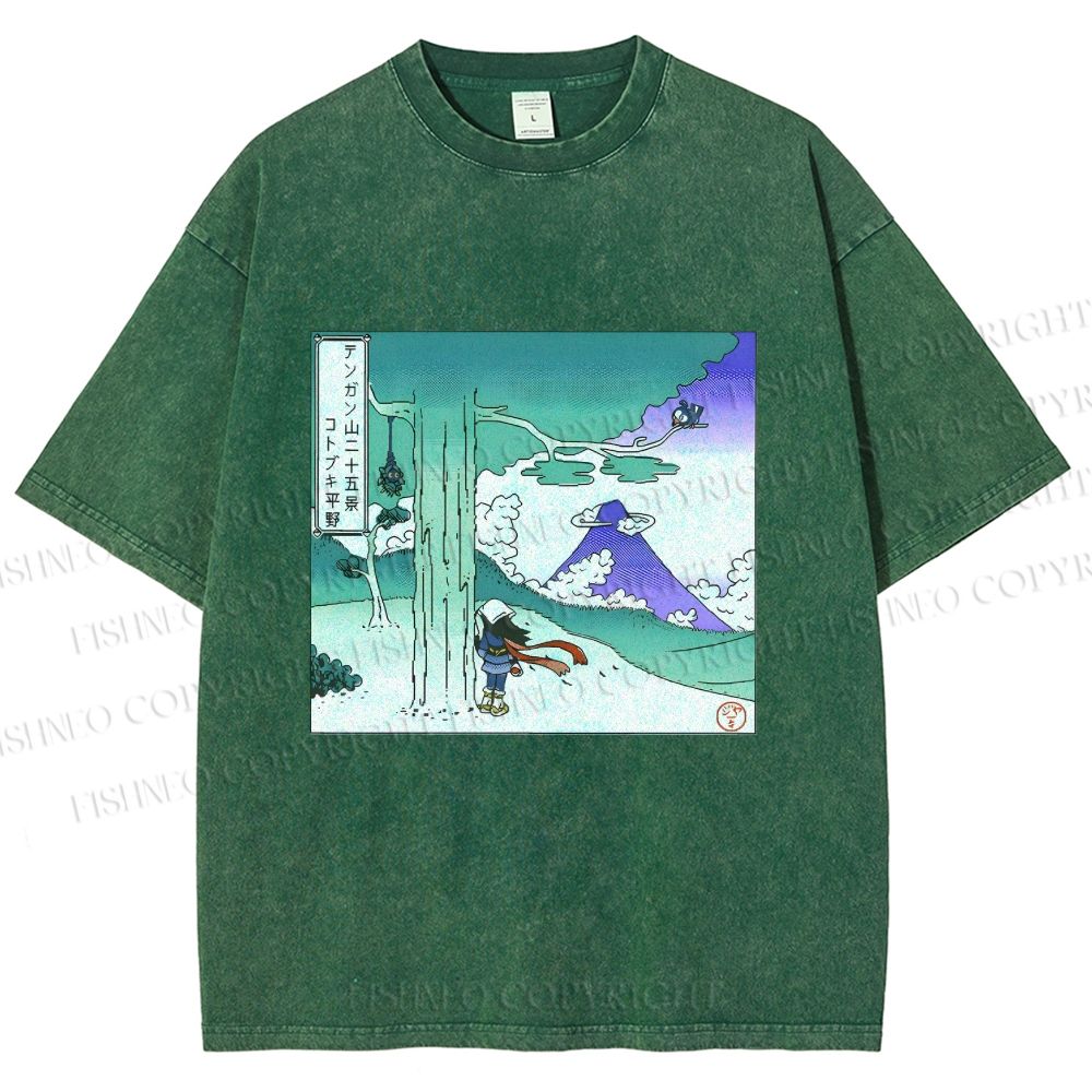 Unisex Vintage Cyber Mount Fuji Graffiti Printed Washed Tee