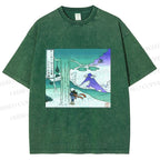 Unisex Vintage Cyber Mount Fuji Graffiti Printed Washed Tee