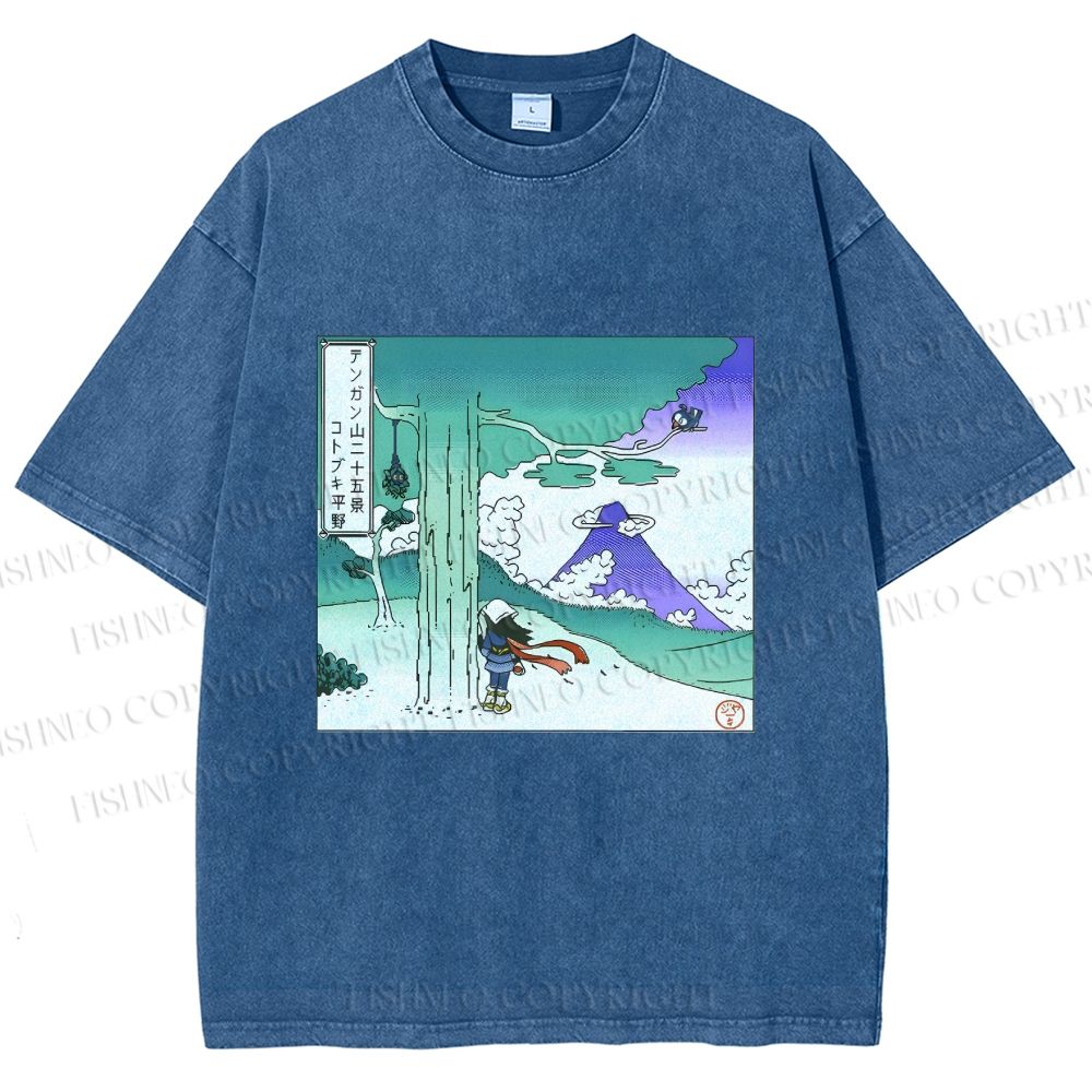 Unisex Vintage Cyber Mount Fuji Graffiti Printed Washed Tee