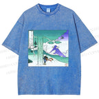 Unisex Vintage Cyber Mount Fuji Graffiti Printed Washed Tee