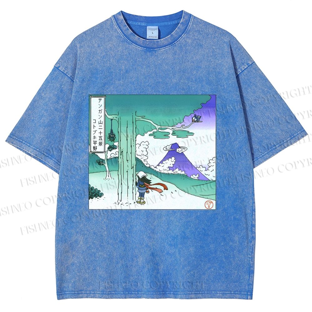 Unisex Vintage Cyber Mount Fuji Graffiti Printed Washed Tee