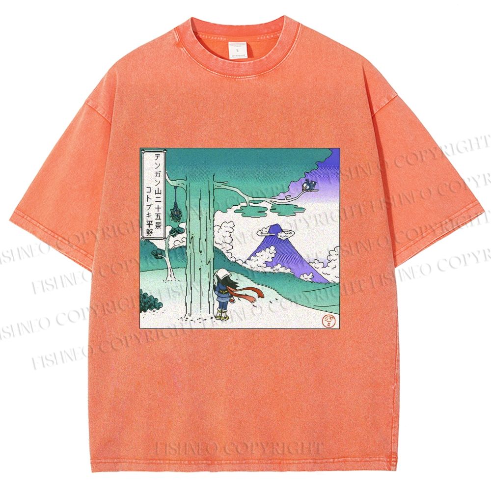 Unisex Vintage Cyber Mount Fuji Graffiti Printed Washed Tee
