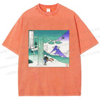 Unisex Vintage Cyber Mount Fuji Graffiti Printed Washed Tee