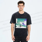 Unisex Vintage Cyber Mount Fuji Graffiti Printed Washed Tee