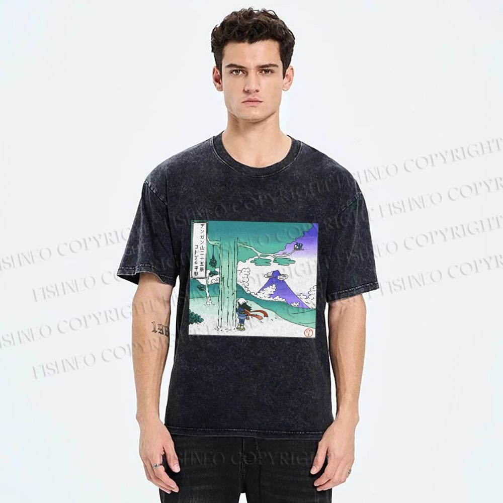 Unisex Vintage Cyber Mount Fuji Graffiti Printed Washed Tee