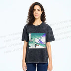 Unisex Vintage Cyber Mount Fuji Graffiti Printed Washed Tee