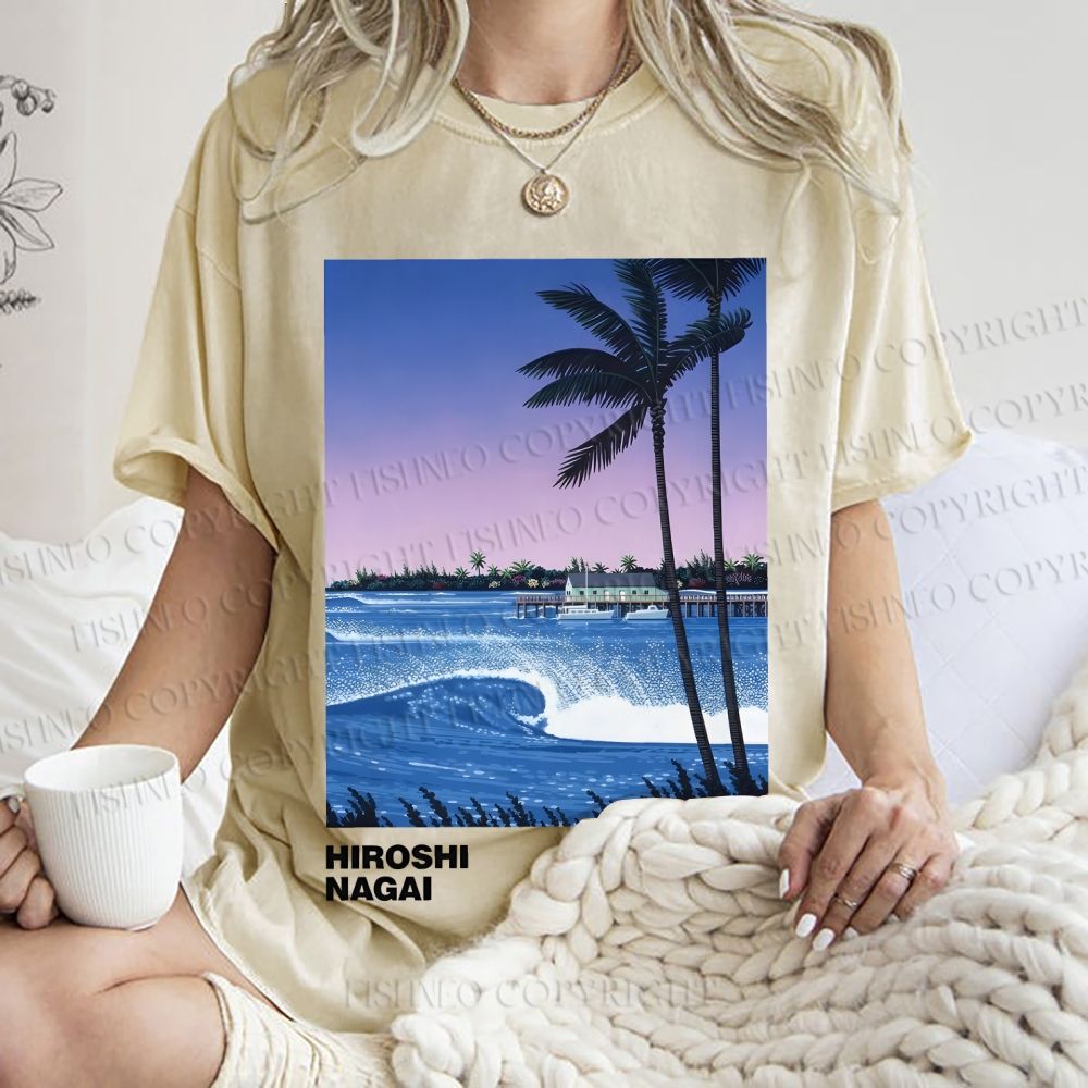 Unisex Sea Wave Poster Printed Washed Tee
