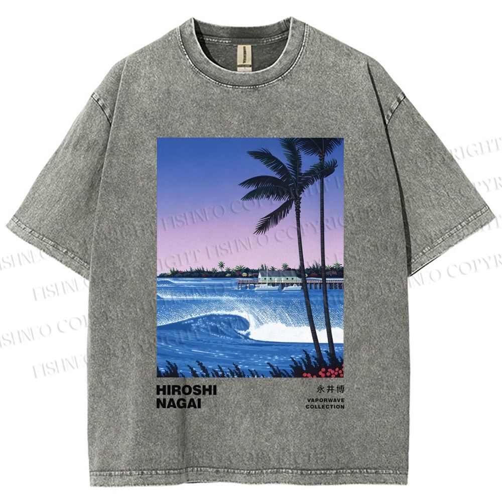 Unisex Sea Wave Poster Printed Washed Tee