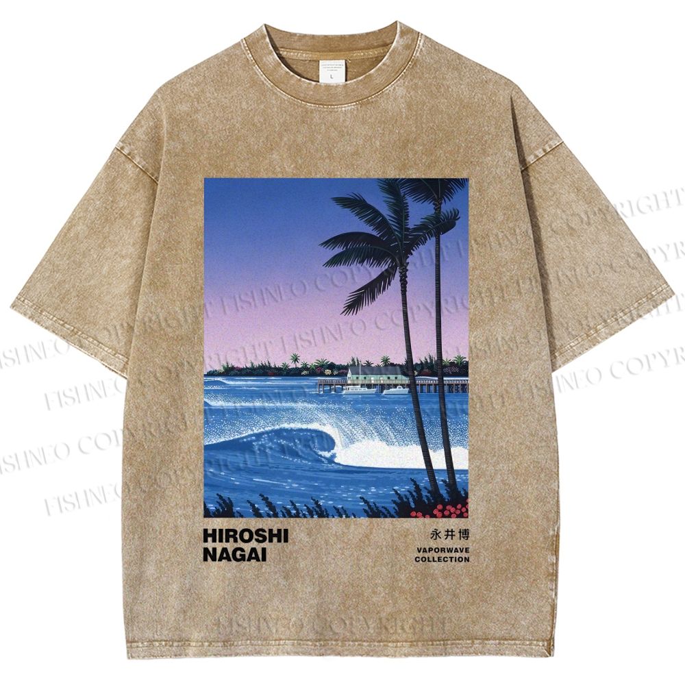 Unisex Sea Wave Poster Printed Washed Tee