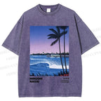 Unisex Sea Wave Poster Printed Washed Tee