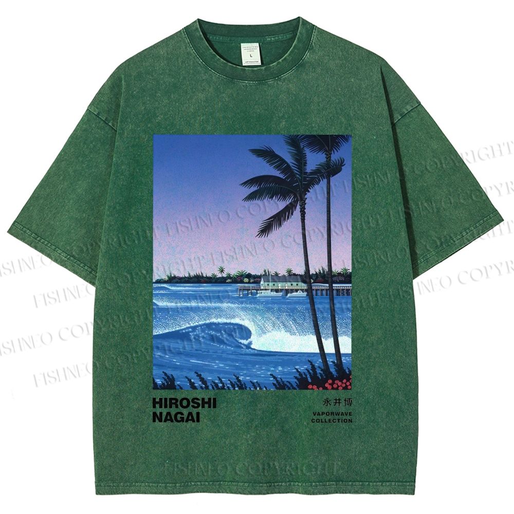 Unisex Sea Wave Poster Printed Washed Tee