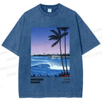 Unisex Sea Wave Poster Printed Washed Tee