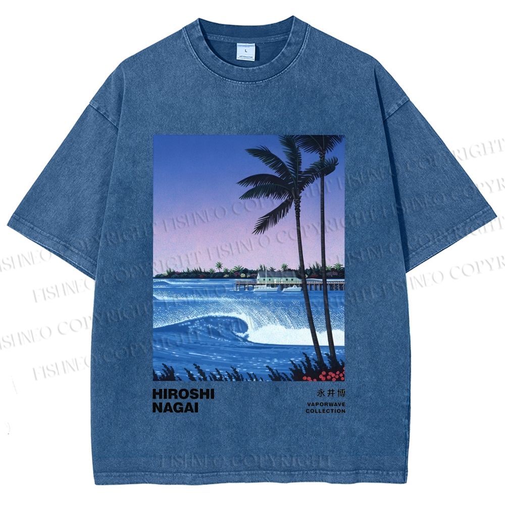 Unisex Sea Wave Poster Printed Washed Tee