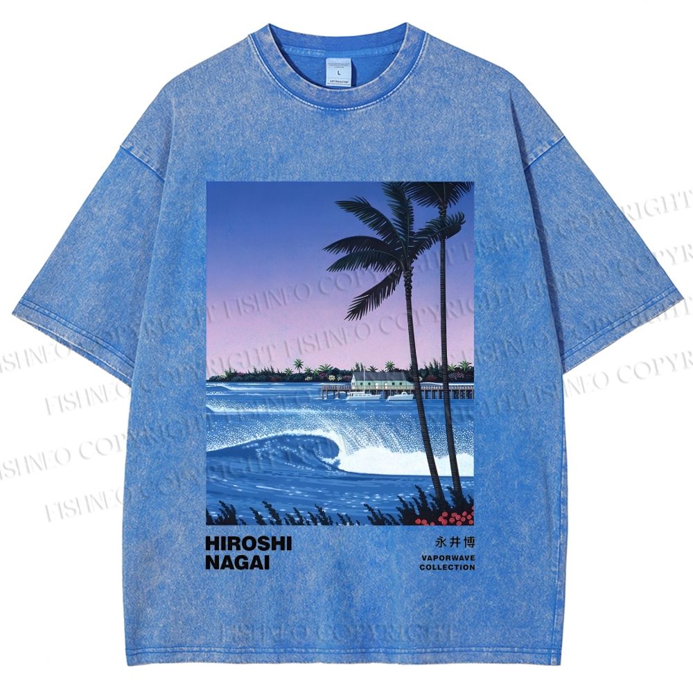 Unisex Sea Wave Poster Printed Washed Tee